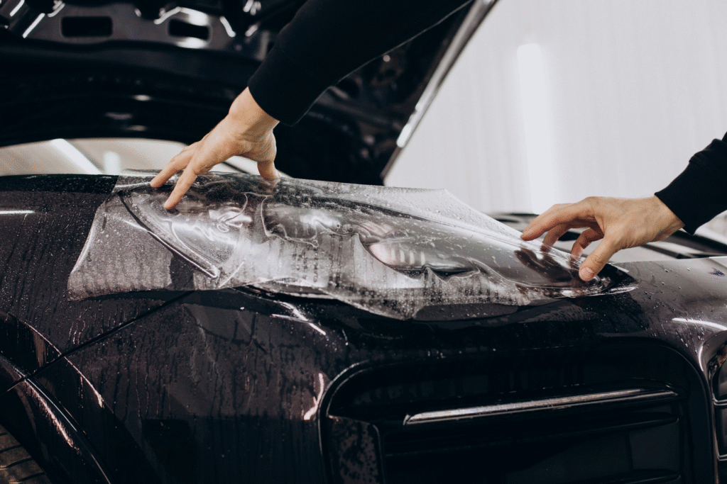 A Professional applying paint protection film to a car for long-lasting shine and resale value.