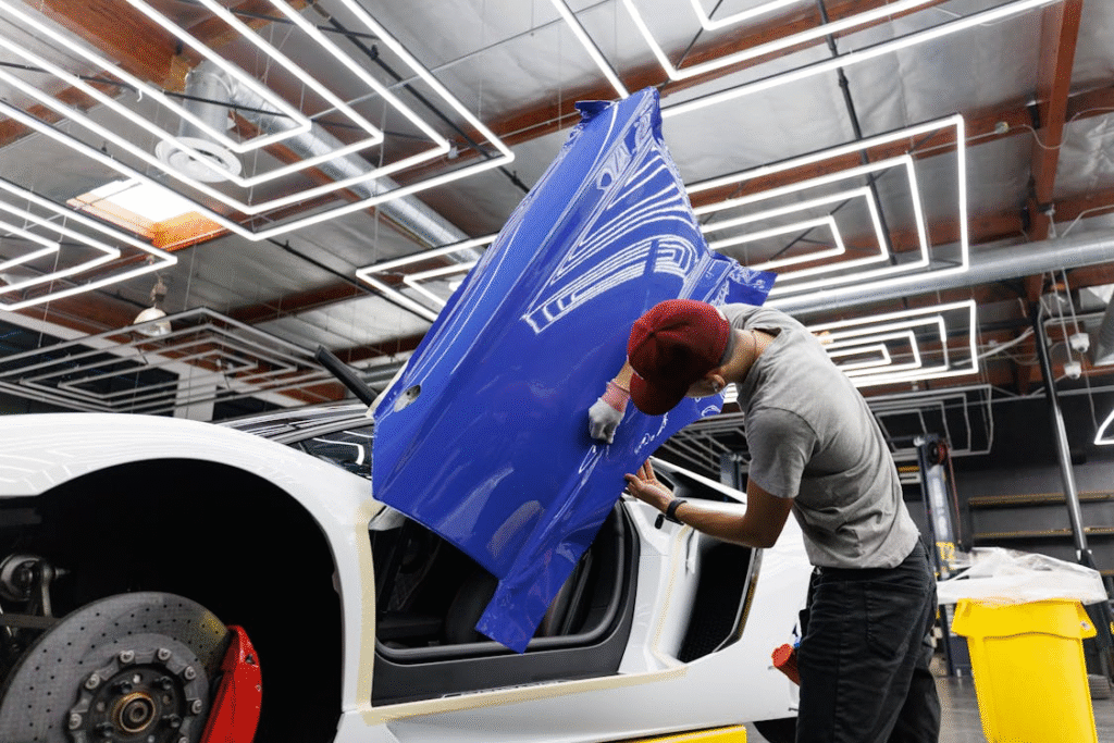 A man applying a blue vinyl car wrap on a car door.
