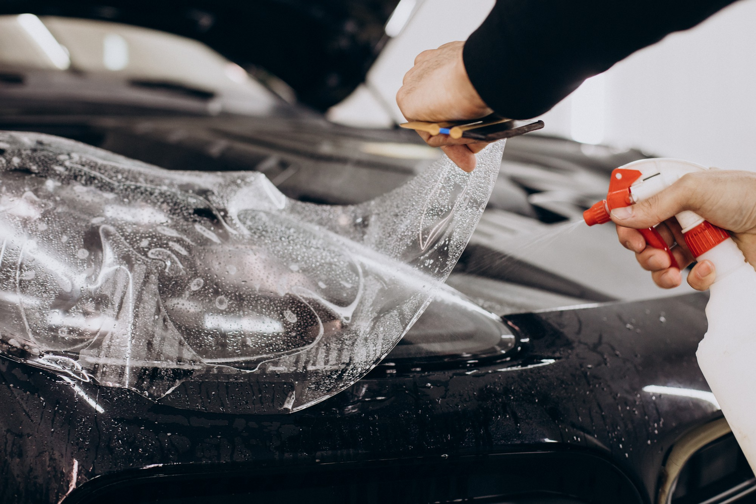 Professional technician wrapping a car with clear paint protection film to preserve its paint job.