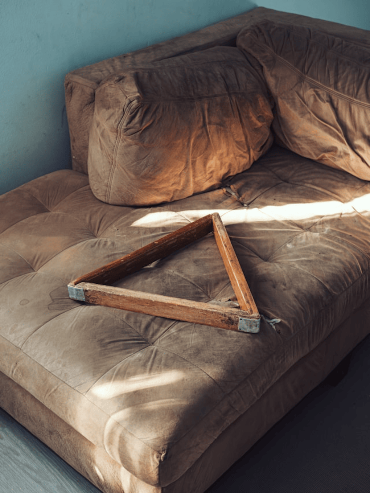 This photo shows a fading and damaged sofa from sunrays