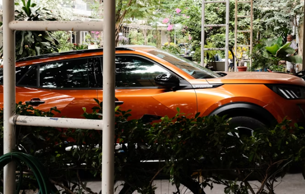 This image shows a car parked in a greenhouse.
