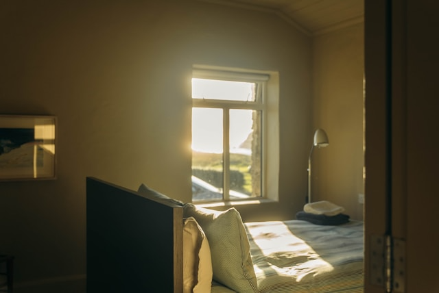 This photo shows strong sunlight entering a bedroom