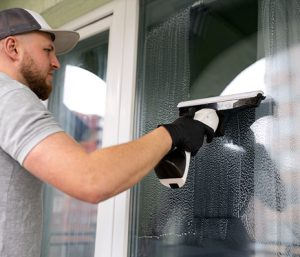 Expert technician applying anti-graffiti window film precisely with other commercial glass solutions.