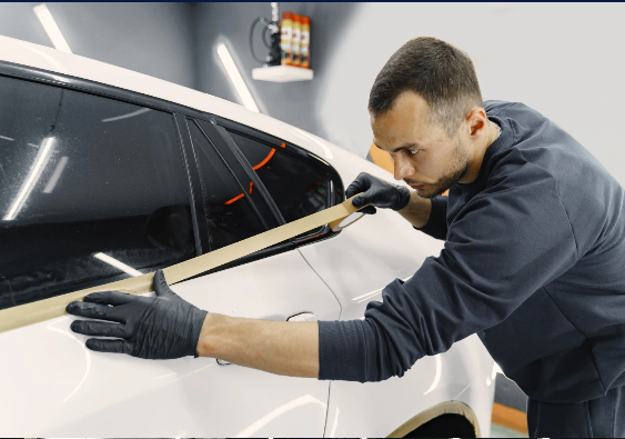 A professional applying paint protection film on a car for long-lasting protection.