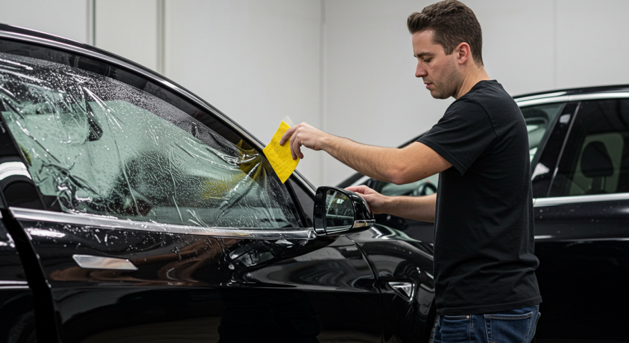 Technician applying blackout window tint to a Tesla for added privacy and smarter temperature control.