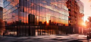 reflective solar window tint commercial glass building Commercial glass building with reflective solar window tint at sunset in a business district.