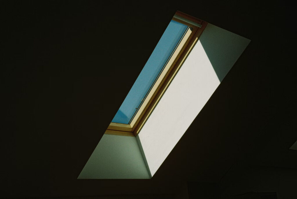 Interior view of a roof skylight with solar window film