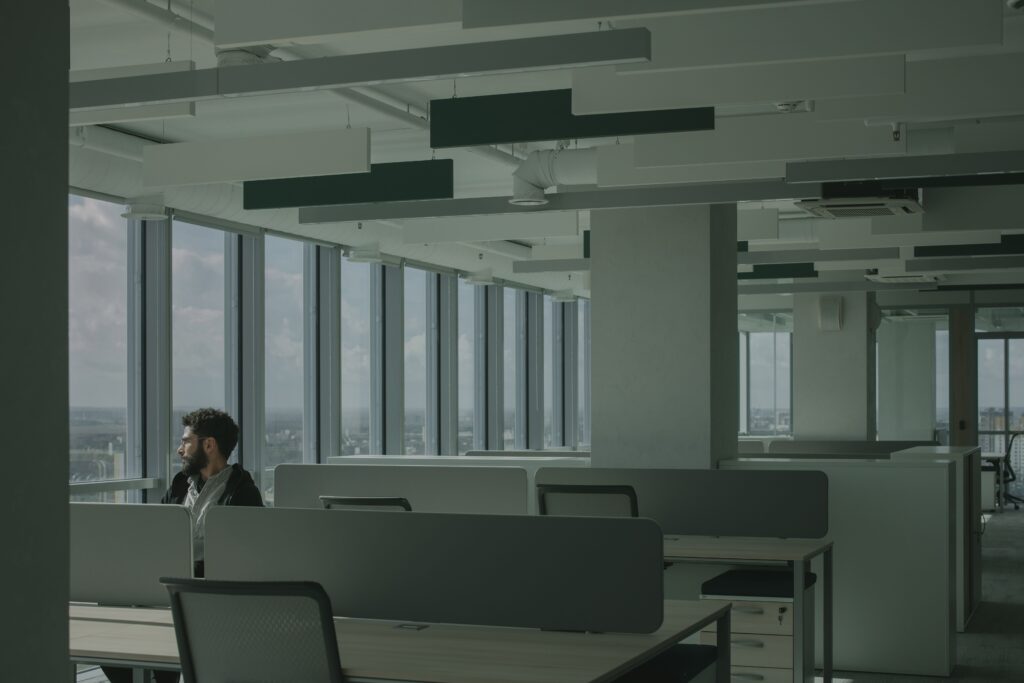 Modern office interior with large commercial window tint panels