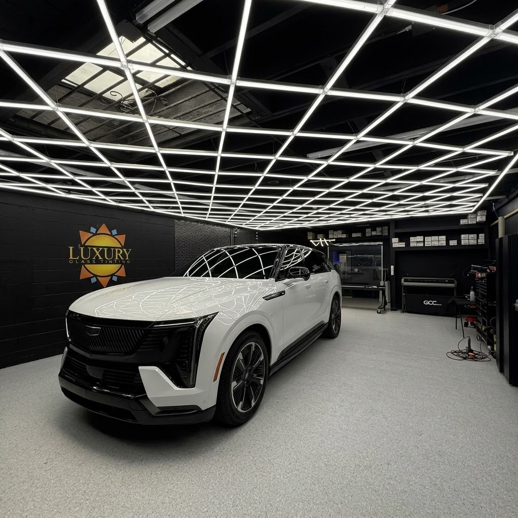 Luxury Glass Tinting Studio Setup - Tesla White Vehicle Glazing Stage